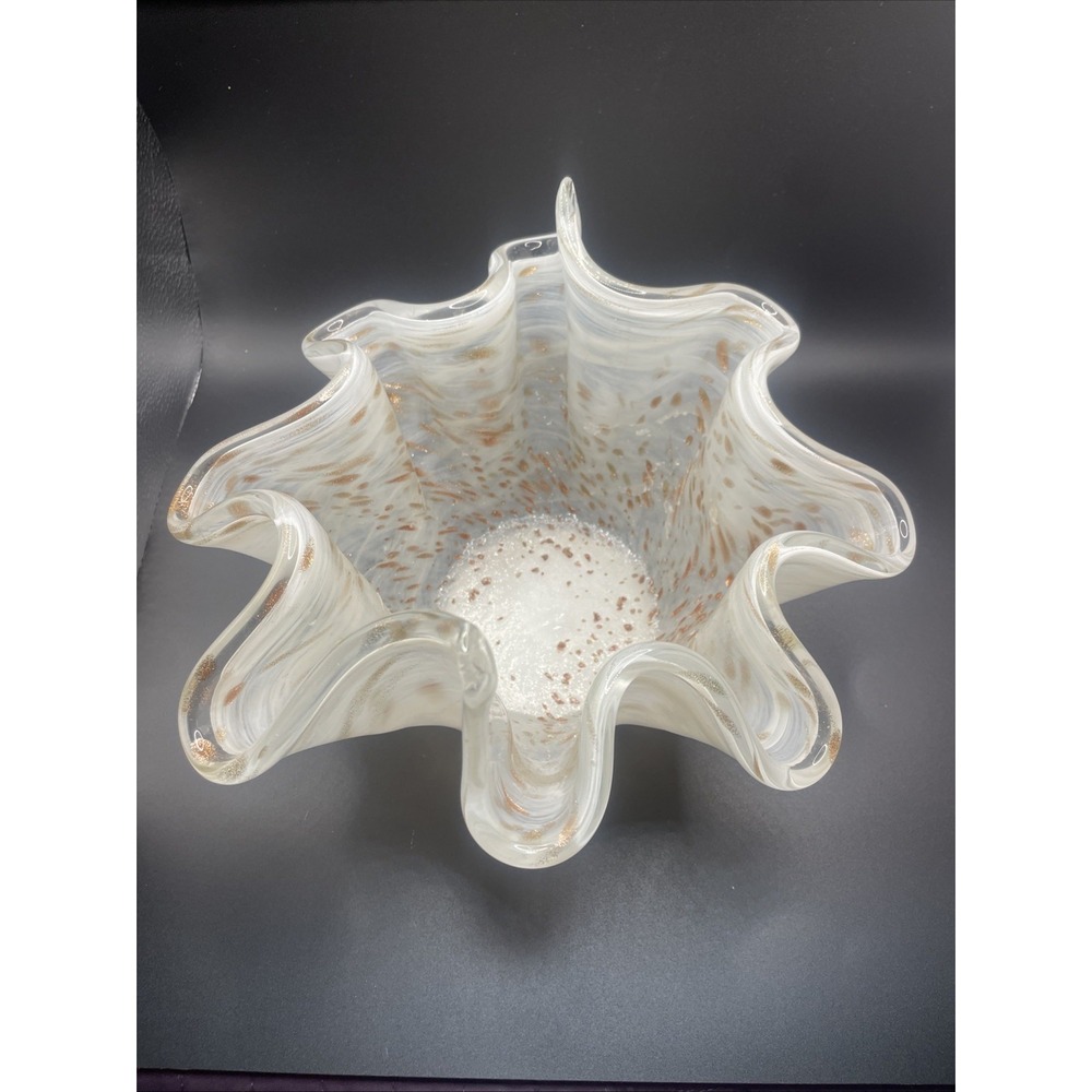Italian Glass Art Centerpiece Bowl Swirl White Gold Speckle Ruffle Edge